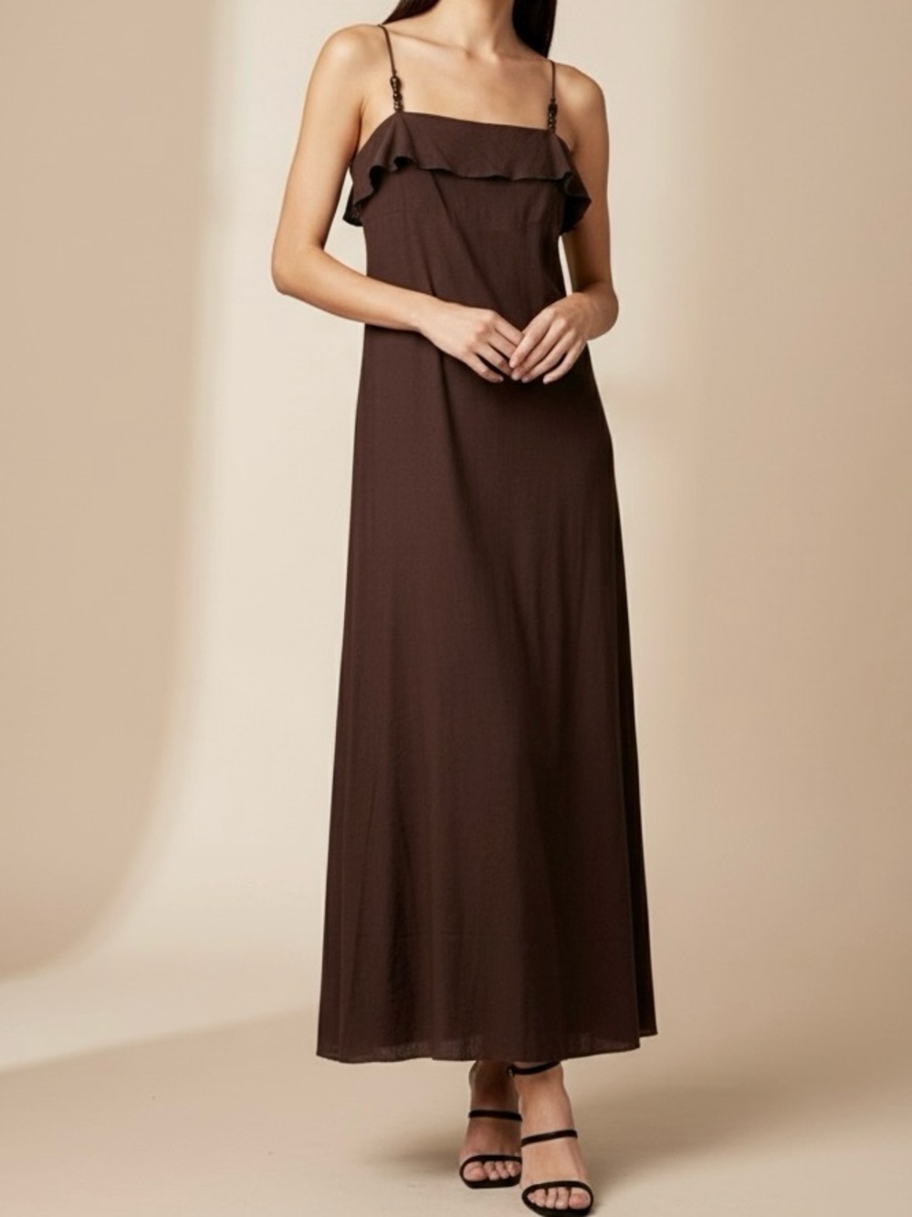NWT Paper Heart LINEN Blend Chocolate Brown Maxi Dress with Adjustable Straps M